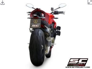 Alternative view of SC Project 2-1 Half-system Titanium, with CR-T M2 Carbon fibre Exhaust- Ducati Streetfighter V4 (2020)