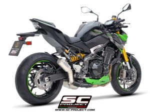Alternative view of SC Project CR-T Titanium Exhaust, with stoneguard grid for Z900 (2020)