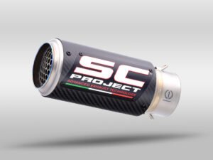 Alternative view of SC Project CR-T Carbon fibre Exhaust, with stoneguard grid- Suzuki GSX-S1000 (17-20)