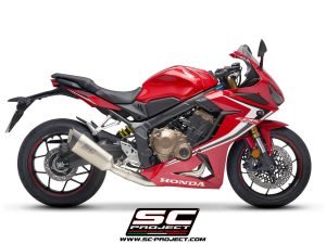 Alternative view of SC Project 4-1 Stainless steel full Exhaust System, with SC1-R Carbon fibre Exhaust- Honda CB650R (19-20)