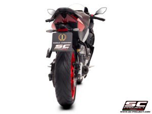 Alternative view of SC Project 2-1 Stainless steel full exhaust system, with S1 stainless steel exhaust for Aprilia RS457(2024-26)