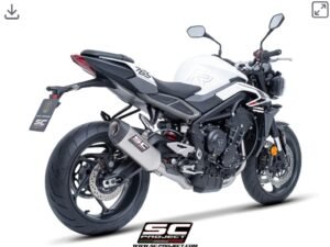Alternative view of SC Project 3-1 Stainless steel full exhaust system, with SC1-S Titanium Exhaust- Street Triple 765 R/RS (23-24)