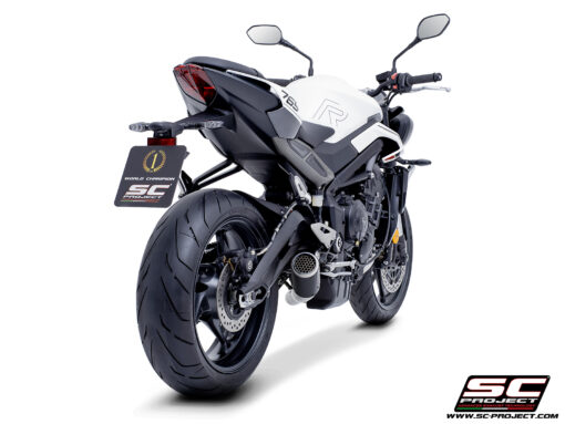 SC Project CR-T Carbon Fibre 3-1 Stainless Steel full exhaust system with stoneguard grid for Street Triple 765 R-RS-R A2 (2024-2025) - Image 4