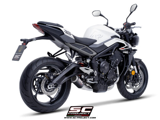 SC Project CR-T Carbon Fibre 3-1 Stainless Steel full exhaust system with stoneguard grid for Street Triple 765 R-RS-R A2 (2024-2025) - Image 3