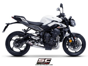 SC Project CR-T Carbon Fibre 3-1 Stainless Steel full exhaust system with stoneguard grid for Street Triple 765 R-RS-R A2 (2024-2025)