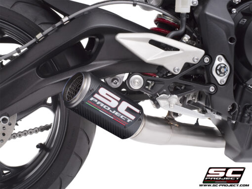 SC Project CR-T Carbon Fibre 3-1 Stainless Steel full exhaust system with stoneguard grid for Street Triple 765 R-RS-R A2 (2024-2025) - Image 6