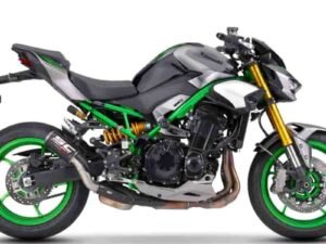 Alternative view of SC Project CR-T Carbon fibre Exhaust, with carbon fiber heel guard for Z900 (2025-26)